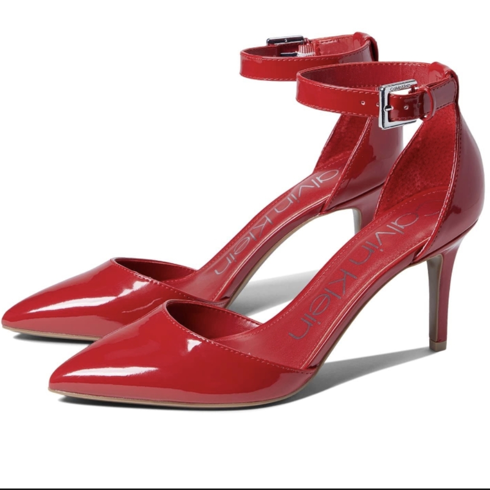 Calvin Klein | red patent ankle strap pointy heels small size 5 .5